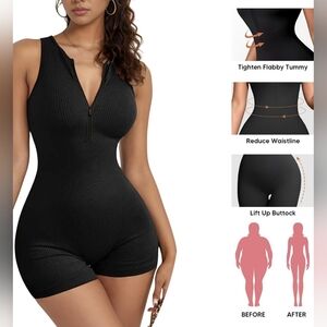 Women Rompers Ribbed Short Sleeveless Zip Front Stretch Tummy Control Yoga